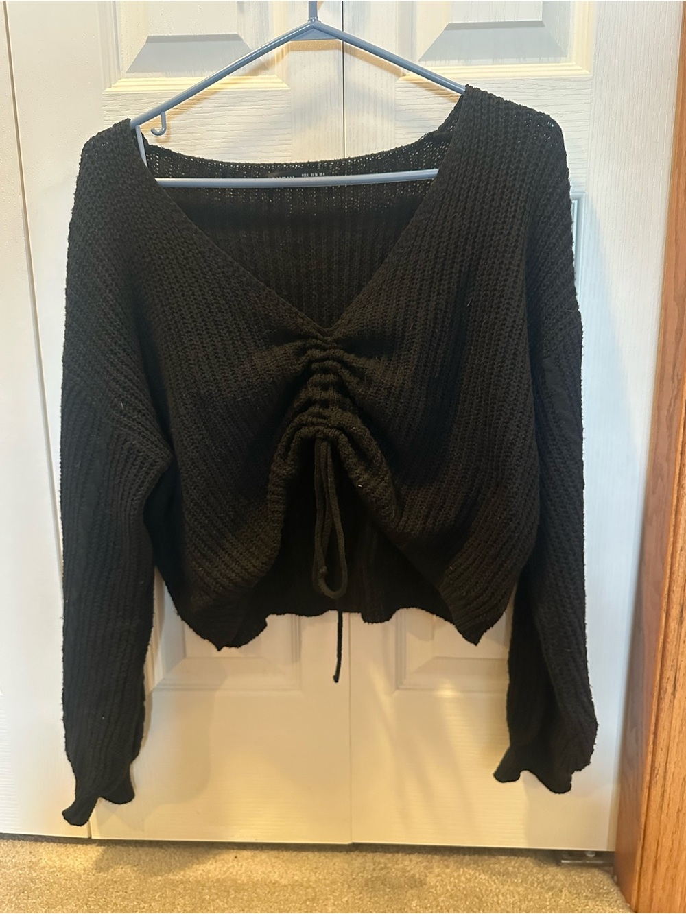 Black Drawstring Front V-Neck Women's Sweater